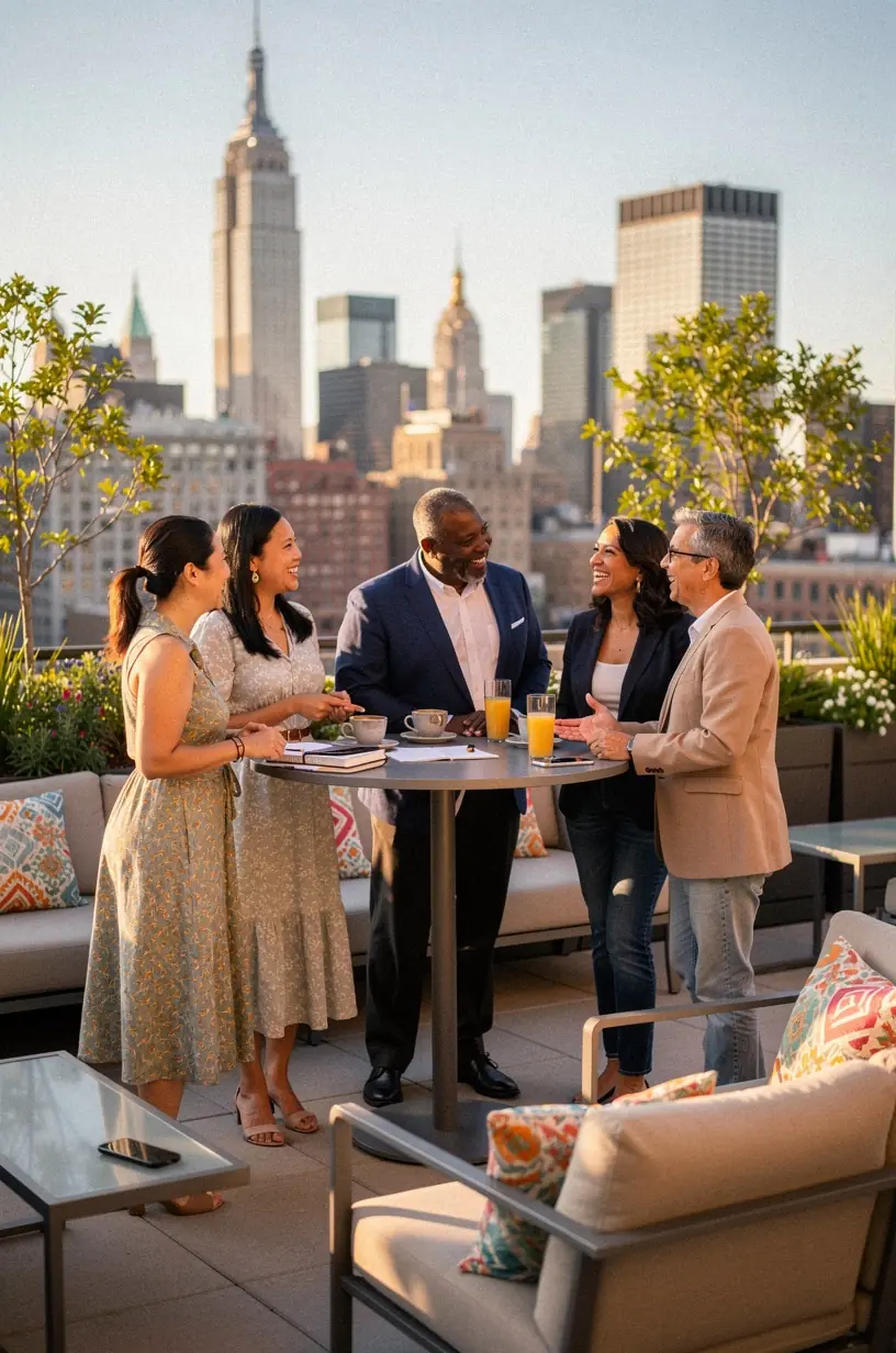 Ekskluzywne wnętrze studia podróży premium z nowoczesnym wyposażeniem i inspirującą atmosferą do tworzenia treści.